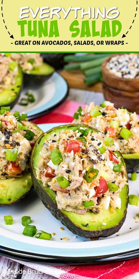 Everything Tuna Salad - this easy tuna salad is seasoned with everything bagel seasoning and is delicious served in avocados, on salad, and in wraps. Great recipe to make when eating healthy! Canned Tuna Recipes Healthy Low Carb, Tuna Stuffed Avocado, Easy Tuna Salad, Stuffed Avocado, Avocado Recipe, Healthy Tuna, Everything Bagel Seasoning, Liver Diet, Canned Tuna