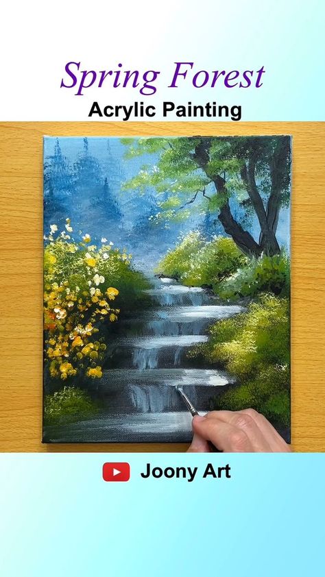 Jooney Art Tutorials, Joony Art Paintings, Joony Art Tutorials, Forest Art Painting, Joony Art, Texture Paintings, Painting Scenery, Painting Spring, Spring Forest