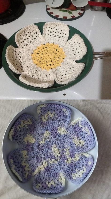 Free Kitchen Protector Crochet Patterns - Pretty Pan Protectors Pan Protectors Knit Pattern, Pan Protector Crochet Pattern, Crochet Plate Cover, Fun Crochet Potholders, Crochet Bowl Protector, Crochet Pattern Potholder, Crochet Pot And Pan Protectors, Pot And Pan Protectors Diy, Crochet Pan Separator