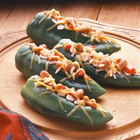 Rice & Bean Stuffed Anaheim Peppers Image Pepper Recipes Vegetarian, Anaheim Pepper Recipes, Anaheim Peppers, Creative Dishes, Spicy Chicken Wings, Chili Pepper Recipes, Stuffed Anaheim Peppers, Cheeseburger Sliders, Pepper Recipes