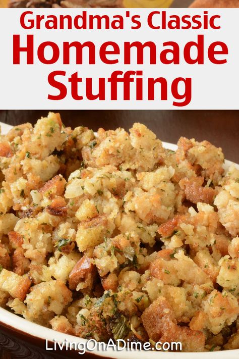 Traditional Stuffing Recipe, Homemade Stuffing Recipes, Classic Stuffing Recipe, Traditional Stuffing, Classic Stuffing, Potatoes Mashed, Traditional Thanksgiving Recipes, Homemade Stuffing, Thanksgiving Food Sides