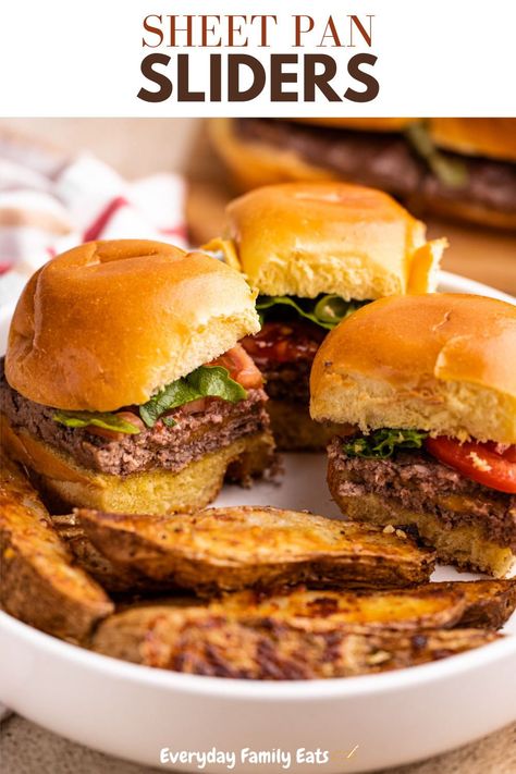 The easiest way to serve burgers to a hungry, impatient crowd is with these Sheet Pan Sliders! They are simple to put together with very little mess. The burgers are stuffed with cheese and baked in the oven, resulting in a no-fuss juicy burger for any night of the week. Sheet Pan Burgers In Oven, Sheet Pan Burgers, Sheet Pan Sliders, Pan Sliders, Mini Burgers Sliders, Pan Burgers, Oven Burgers, One Pan Recipes, 30 Minute Recipes