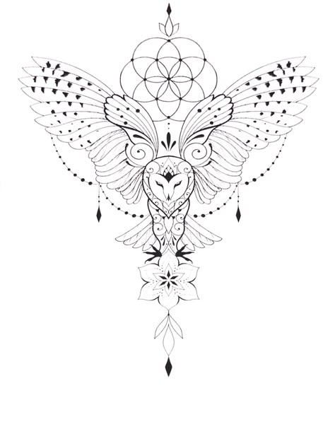 Owl Arm Band Tattoo Design, Owl Spine Tattoo, Owl Tattoo Stencil, Chest Tattoo For Women, Women Chest Tattoos, Snowman Tattoo, Enchanted Tattoo, Chest Tattoo Designs Female, Sunflower Mandala Tattoo