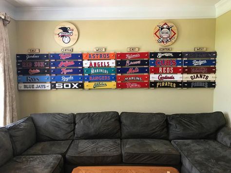 It took me over 4 months but I successfully made my very own MLB standings board that I am very proud of! - Album on Imgur Baseball Man Cave, Baseball Diy, Sports Man Cave, Garage Game Rooms, Baseball Bedroom, Cave Room, Cave Basement, Man Cave Room, Baseball Room