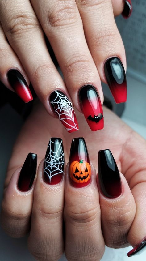 Embrace the spirit of Halloween with these stunning acrylic nails featuring a dramatic black and red ombre design! Adorned with spooky elements like a playful pumpkin, a delicate spider web, and a friendly ghost, these long and elegant nails make a bold statement. Set against a crisp white surface, this look is the perfect combination of chic and eerie! 🎃👻🕸️ #HalloweenNails #SeptemberNails #AcrylicNails #OmbreNails Nails Fall Nails, Halloween Nails Maroon, Ombré Halloween Nails, Simple October Nails Acrylic, Nails For Halloween Acrylic, Square Nail Designs Halloween, Black Acrylic Nails With Red Underneath, Halloween Red And Black Nails, Ombre Nails Halloween