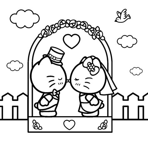 Cute Coloring Pages Aesthetic Hello Kitty, Hello Kitty And Dear Daniel Coloring, Hello Kitty And Dear Daniel Coloring Page, Hello Kitty And Daniel Drawing, Romantic Coloring Pages, Hello Kitty Couple Drawing, Coloring Pages For Couples, Cute Coloring Pages Aesthetic Easy, Sanrio Coloring Pages Printable