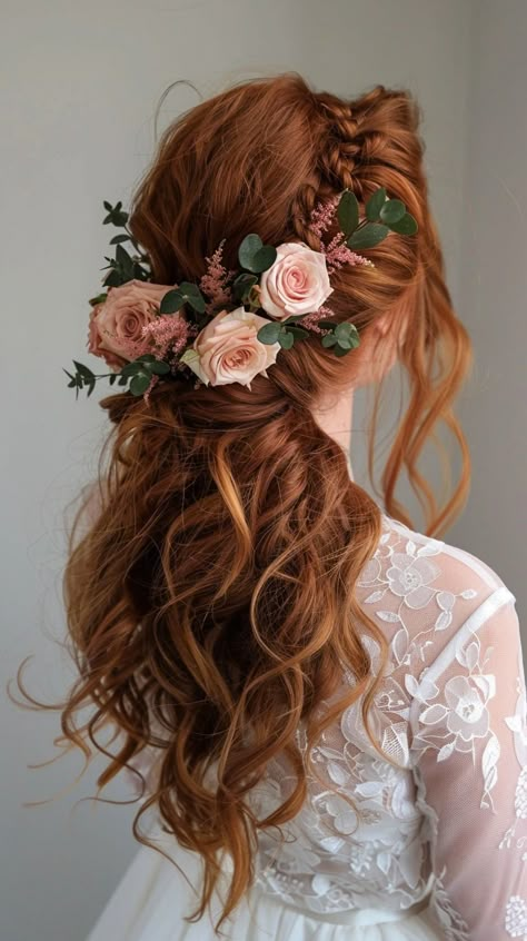 Wedding Hair Redhead, Romantic Half Up Wedding Hair, Wedding Hairstyles Flowers, Roses In Hair, Red Hair Bride, Hairstyles For Redheads, Red Hair Brides, Red Bridal Hair, Flower Hairstyles