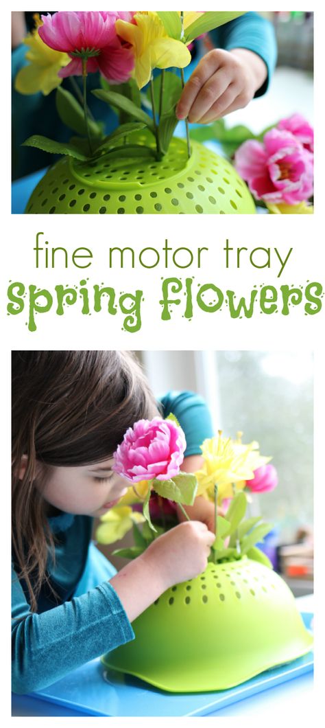 What a fun way to use a colander. Fine motor activity for spring at preschool. Fine Motor Activity, Preschool Fine Motor, Montessori Ideas, Spring Preschool, Motor Skills Activities, Spring Theme, Skills Activities, Spring Activities, Fine Motor Activities