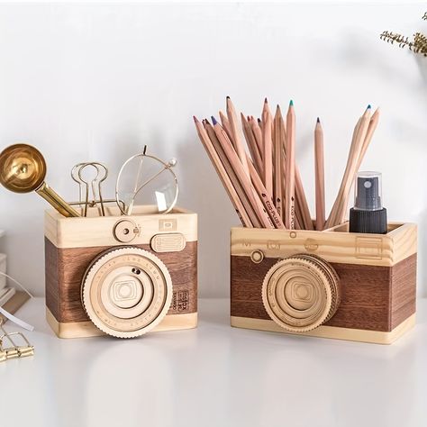 Faster shipping. Better service Wood Camera, Wooden Pen Holder, Creative Desks, Wooden Camera, Wooden Desk Organizer, Unique Pens, Makeup Brush Organization, Wooden Pencil, Small Item Storage