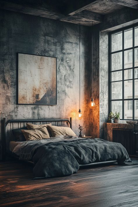 ♥️ Are you looking to refresh your home bedroom with an industrial touch? Dive into the cozy vibes of this modern industrial bedroom featuring rustic decor and industrial shelving. Get inspired by the urban, dark, and soft elements of this industrial loft apartment design. #IndustrialBedroom #HomeDecor #InteriorDesign #IndustrialStyle Western Themed Bedroom, Industrial Bedrooms, Urban Loft Apartment, Rustic Industrial Bedroom, Modern Industrial Bedroom, Industrial Loft Apartment, Loft Apartment Aesthetic, Top Bedroom Ideas, Loft Apartment Industrial