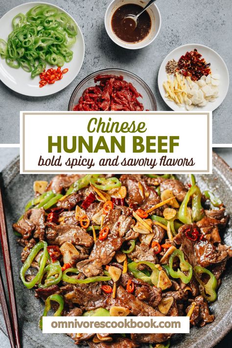 Try this authentic Hunan Beef recipe. Hunan Beef is a popular Chinese dish known for its bold, spicy, and savory flavors. This recipe features tender beef and crisp chili peppers stir fried with a brown sauce. Perfect for a weeknight dinner or a dinner party! Hunan Beef, Braised Beef Recipes, Asian Stir Fry Recipe, Popular Chinese Dishes, Asian Dinner, One Pot Vegetarian, Asian Dinner Recipes, Authentic Chinese Recipes, Fry Recipes