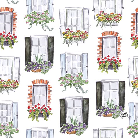 Window Box Painting, Window Flower Box Drawing, Flower Box Illustration, Flower Window Drawing, Window With Flowers Drawing, Cute House Sketch, Flower Box Drawing, Cute Window Drawing, Flower Window Art