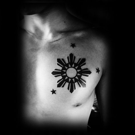 Black Ink Chest Filipino Sun Mens Tattoo Ideas Filipino Tattoos Men Sun, Philippine Flag Tattoo Design, Filipino Tattoos Men, Philippine Sun Tattoo, Filipino Flag Tattoo, Philippines Sun Tattoo, Sun Tattoo Designs For Men, Thinking Tattoo, Filipino Sun Tattoo