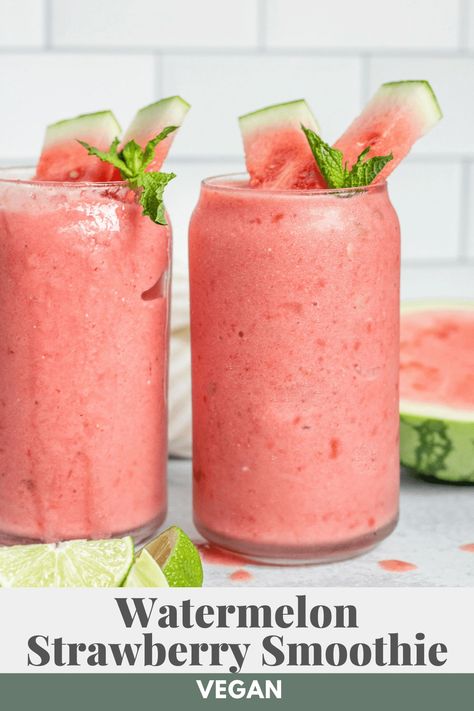 This Watermelon Smoothie recipe is refreshing and perfect for summer. A creamy blend of watermelon, strawberries, vegan yogurt and lime. Watermelon Smoothie Recipe, Watermelon Smoothie Recipes, Watermelon Smoothie, Smoothie Recipes Healthy Breakfast, Watermelon Rind, Strawberry Syrup, Vegan Yogurt, Vegan Banana, Strawberry Smoothie