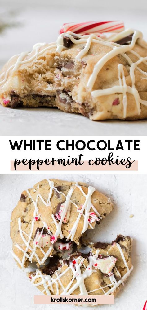 cookies made with peppermint bark, chocolate chips and white chocolate White Chocolate Peppermint Cookies, Drop Cookie Recipes, White Chocolate Peppermint, Chocolate Peppermint Cookies, White Chocolate Chip Cookies, White Chocolate Cookies, Filled Cookies, Roll Cookies, Peppermint Cookies