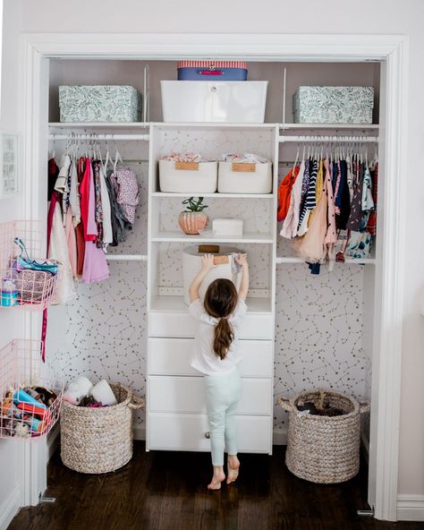 DIY Kids Closet Makeover: Grace & Joey’s Closet Transformation Diy Kids Closet, Kids Closet Makeover, Girls Closet Organization, Closet Transformation, Dresser In Closet, Creative Closets, Shared Closet, Kids Closet, Closet Renovation