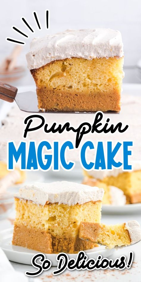 Pumpkin magic cake is a scrumptious fall dessert that will amaze your holiday guests. A layered dessert with moist cake, pumpkin spice flavors, and a creamy cool whip frosting, it tastes as delicious as beautiful as it looks! The magical part of this cake is that it displays three distinct layers that all come from one batter. Pumpkin Roll Recipe Video, Pumpkin Magic Cake, Whip Frosting, Magic Cake Recipes, Cool Whip Frosting, Pumpkin Magic, Custard Cake Recipes, Whipped Pumpkin, Cake Pumpkin