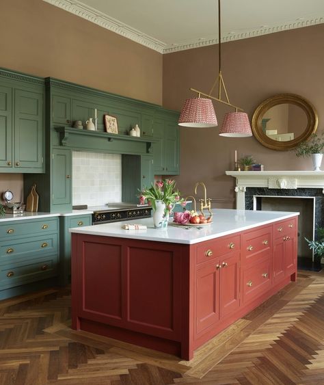 Red Island Kitchen, Interior Color Palettes, Kensington House, Kitchen Cottage, Bold Kitchen, Yellow Kitchen, Red Kitchen, Kitchen Color, Green Interiors