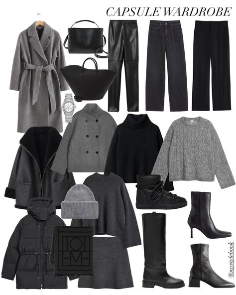 Black And Grey Capsule Wardrobe, Winter Basics Wardrobe, Grey Capsule Wardrobe, Black Capsule Wardrobe, Winter Wardrobe Capsule, Winter Style Outfits, Vinter Mode Outfits, Full Black Outfit, Minimalist Fashion Winter