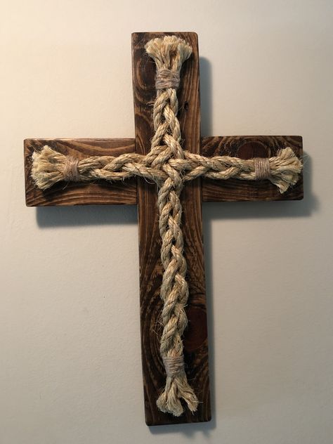 Crosses Diy, Wood Crosses Diy, Rope Drawing, Distressing Painted Wood, Rope Cross, Cross Wall Art, Prayer Closet, Wooden Crosses, Wedding Cross