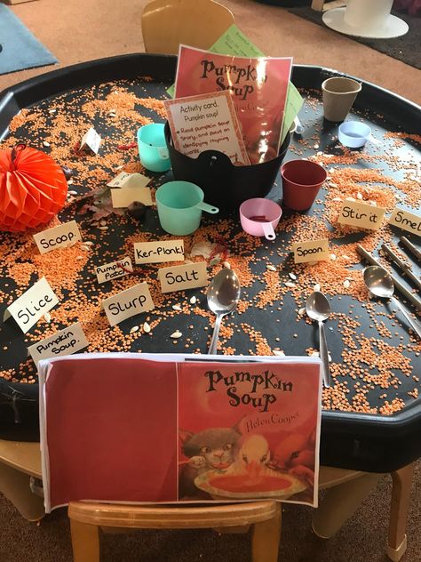 Pumpkin Soup Story Eyfs Activities, Eyfs Pumpkin Activities, Pumpkin Soup Story Eyfs, Autumn Provision Eyfs, Autumn Literacy Activities Eyfs, October Tuff Tray Ideas, Pumpkin Soup Eyfs Activities, Pumpkin Soup Activities For Kids, Pumpkin Tuff Tray Ideas