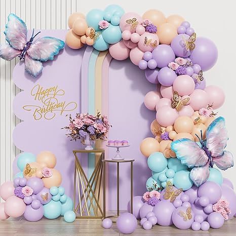 Butterfly Birthday Decor, Baby Shower Arch, Shower Arch, Butterfly Theme Party, Butterfly Balloons, Pastel Birthday, Orange Balloons, Baby Shower Purple, Balloon Chain