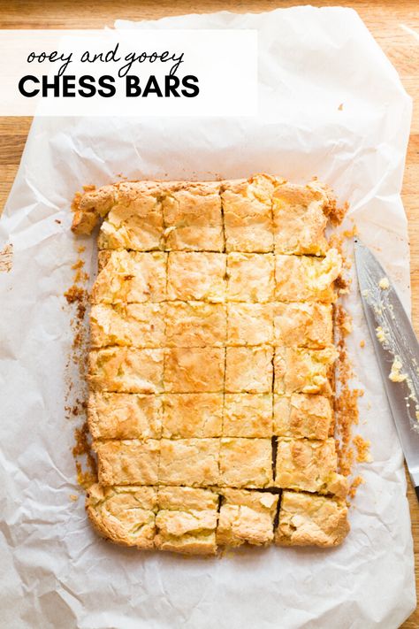 This chess bars recipe is one of the easiest and best desserts out there! Sometimes referred to as chess cake or gooey butter cake, these bars use cream cheese and yellow cake mix for a delicious dessert that's requested year-round! Chess Bars Recipe, Chess Bars, Chess Cake, Chess Squares, Easy Bar Recipes, Gooey Butter Cake, Best Desserts, Bars Recipe, Yellow Cake