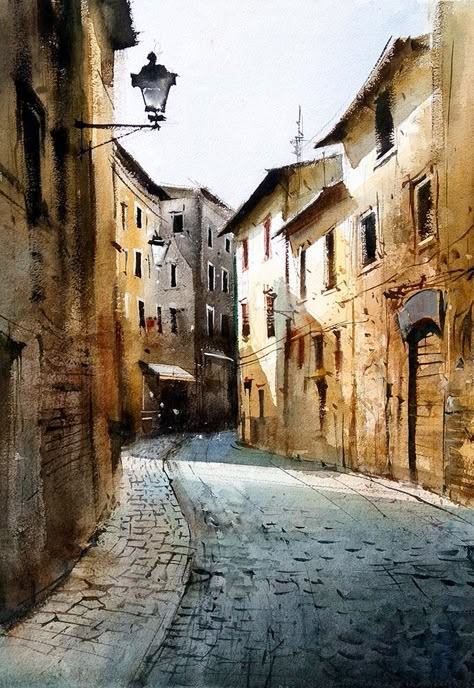 Joy Watercolor, Milind Mulick, Watercolor Scenery, Watercolor City, Building Painting, Art Tutorials Watercolor, Watercolor Architecture, Street Painting, Watercolor Pictures