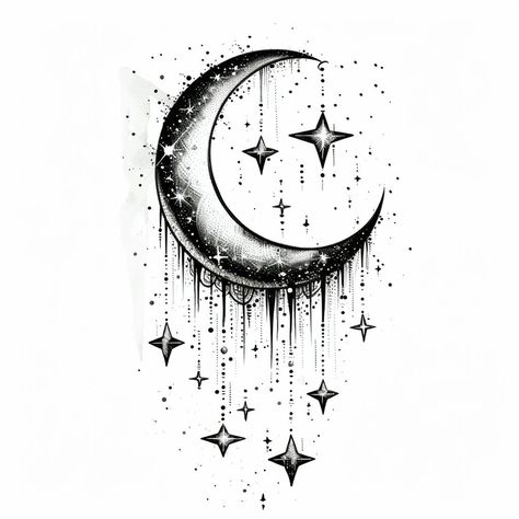 Moon and Stars Tattoo Design 2 I’ll Follow You Into The Dark Tattoo, Moon And Stars Small Tattoo, Moon Raven Tattoo, Cool Moon Designs, Tattoo Ideas Female Moon And Stars, Mystic Moon Tattoo, Feminine Star Tattoos, Blue Moon Tattoo Ideas, Witchy Sun And Moon Tattoo