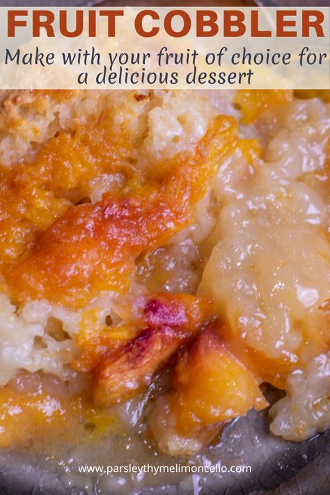 An easy, delicious, fruit cobbler that can be made with your fruit of choice.  #dessert #fruit #cobbler #fruitcobbler #peaches Magic Cobbler Recipe, Canned Fruit Cobbler Recipes Easy, Frozen Fruit Cobbler Recipes Easy, Fruit Cobbler With Bisquick, Biscuit Fruit Cobbler, Fruit Cocktail Cobbler, Mixed Fruit Cobbler, Apricot Cobbler Recipes, Mixed Frozen Fruit Cobbler