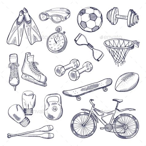 Vector Doodle Set of Sport Equipment Sports Equipment Illustration, Sports Equipment Drawing, Sports Sketch, Box Gloves, Chalkboard Illustration, Birthday Drawings, Background Sport, Vector Doodle, Sport Equipment