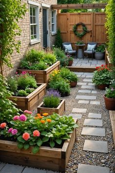 Raised Front Garden, Back Garden Patio Ideas Uk, Small Side Yard Garden, Small Mediterranean Courtyard, London Garden Ideas Terraced House, Small Gardens Design, Cottage Front Yard Landscaping, Layered Garden Ideas, Garden Against House