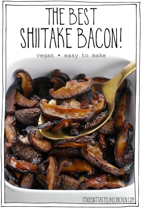 Smoky, salty, chewy, and lightly crisp, you won't believe how delicious this Shiitake Bacon recipe is! It's quick & easy to make requiring only 5 ingredients. Just slice the mushrooms, season, and then bake. Shiitake mushroom bacon is perfect on pasta, salads, sandwiches, pizza, baked potatoes, and anywhere you want a little vegan bacon oomph (which is everywhere)! #itdoesnttastelikechicken #veganrecipes #veganbacon Fancy Vegan Dinner, Vegan Bacon Recipe, Vegan Blt Sandwich, Shiitake Bacon, Vegan Bacon Bits, Vegan Potato Soup, Mushroom Bacon, Vegan Mushroom, Vegan Bacon