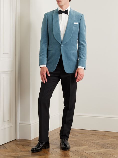 EXCLUSIVE AT MR PORTER. Inspired by the excellence of Saville Row, Kingsman's suiting places focus on meticulous fabrics and exacting cuts. This tuxedo jacket has been tailored to slim proportions from plush cotton and linen-blend velvet and has an elegant shawl collar. Small to size. See Size & Fit notes. Cool Wedding Suits, Men Wedding Suits Modern, Groom Suit Trends, Men Wedding Attire Guest, Attire Guide, Black Tie Optional Wedding, Mens Tux, Velvet Tuxedo Jacket, Blue Velvet Suit