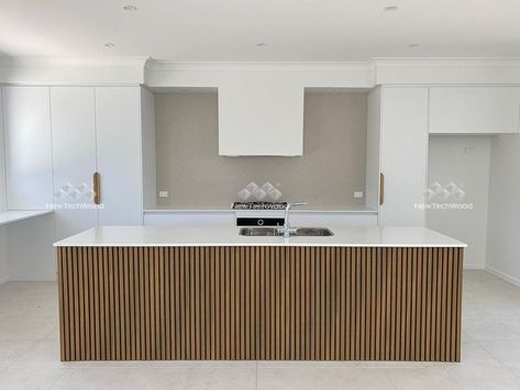 Wood Slats On Kitchen Island, Wood Slats Island Kitchen, Fluted Wall Panel Kitchen Island, Kitchen Island Wood Slats, Fluted Wood Island Kitchen, Fluted Wood Panel Kitchen Island, Fluted Kitchen Island, Fluted Panelling, Ribbed Wood Kitchen Island