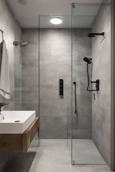 Modern bathroom with a glass-enclosed shower and a wall-mounted sink. Tile Wet Room, Wet Room Bathroom Ideas, Wet Room Ideas, Teak Shower Floor, Room Bathroom Ideas, Wet Room Bathroom, Modern Fixtures, Ideas For Small Bathrooms, Sunroom Furniture