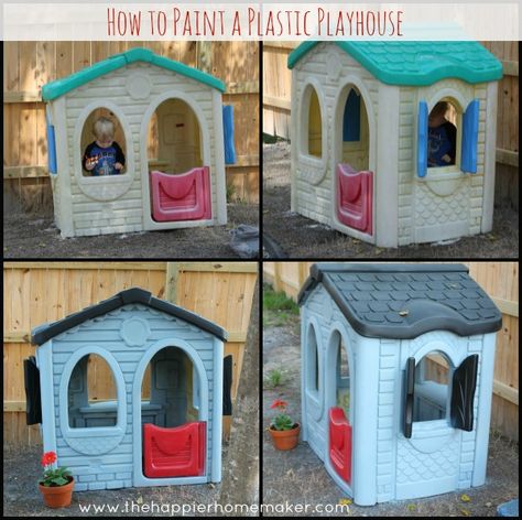 How to paint a plastic playhouse Painted Playhouse, How To Paint Plastic, Plastic Playhouse, Playhouse Makeover, Paint Plastic, Painting Plastic, Little Tikes, Plastic Toys, Backyard Fun