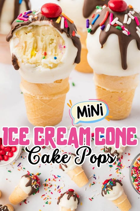 These are the cutest mini Cake Pops Ice Cream Cones! Made from Lofthouse cookies mixed with cream cheese – no cooking or cake mix needed! An adorable dough ball dipped in a candy coating and decorated with a chocolate drip, colorful sprinkles, and a signature cherry on top will have you screaming for cake pop ice cream! Cake Pop Ice Cream, Cake Pops Ice Cream, Summer Party Cake, Ice Cream Cones Recipe, Cream Bread Recipe, Cone Cake Pops, Ice Cream Cone Cake Pops, No Bake Cake Pops, Cake Pop Recipe Easy