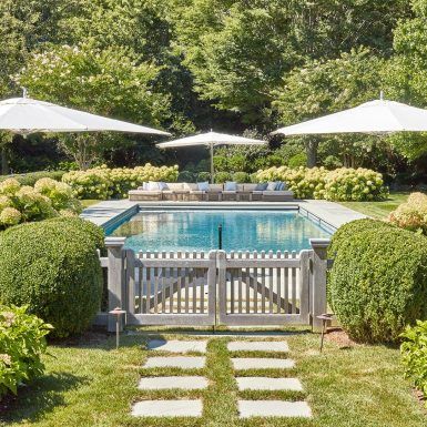 Pool Hardscape Ideas, Simple Backyard Pool, Pool Hardscape, Pool Fence Ideas, Pool Goals, Small Pool Ideas, Hollander Design, Country Pool, Chic Backyard