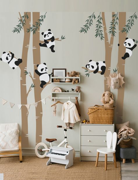 Delight kids with a unique wall decal featuring pandas and trees! Perfect for nurseries, daycare, and preschools, this funny decal brings cheer to any playroom. Climb, explore, and play! Impact the world around you with Pandas and Tree Wall Decal. •This is an exclusive design only from pink n blue Baby! Panda Kindergarten, Panda Tree, Mystical Garden, Panda Nursery, Baby Information, Baby Room Themes, Room Wall Painting, Baby Room Wall, Nursery Room Inspiration