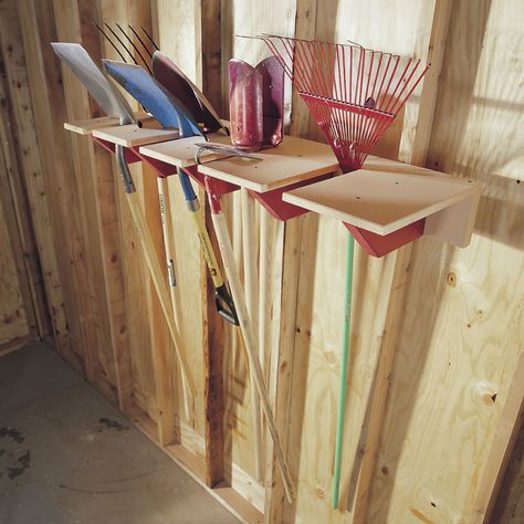 Long-Handled Tool Rack Garden Tools storage Ideas Shed Organizing Ideas, Ceiling Storage Rack, Overhead Garage Storage, Shed Organization, Overhead Garage, Garage Storage Systems, Ceiling Storage, Yard Tools, Garden Tool Storage