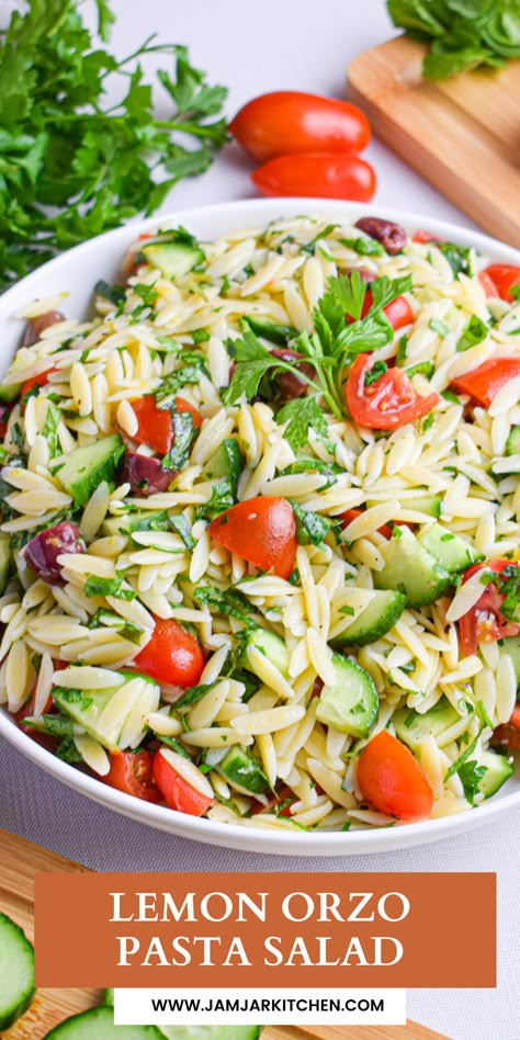 Large bowl with summer and spring orzo pasta salad. Lemon Olive Oil Pasta Salad, Orso Salad Recipes, Easy Summer Side Dishes Cold, Cold Orzo Pasta Salad, Lemony Pasta Salad, Orzo Salad Recipes Cold, Orzo Salads, Lemon Pasta Salad, Lemon Orzo Pasta Salad