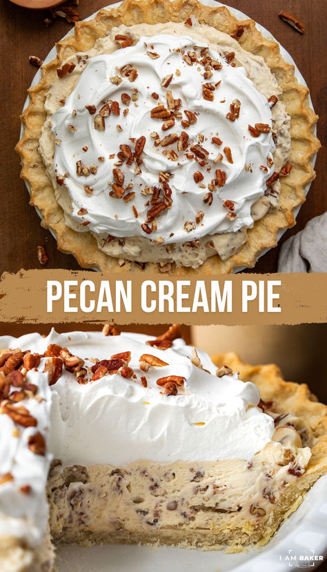 This glorious Pecan Cream Pie Recipe is a homemade pie crust filled with a creamy blend of cream cheese, maple syrup, and whipped cream with a nutty crunch from pecans. It is as impressive in appearance as it is in flavor! Fluffy Pecan Pie Recipe, Amazing Old Recipes, Fruit And Cream Pie, Almond Cream Pie, Original Pecan Pie Recipe, Crustless Pecan Pie Recipe, Cream Cheese Pecan Pie, Creamy Pecan Pie Recipe, Cream Cheese Maple Syrup