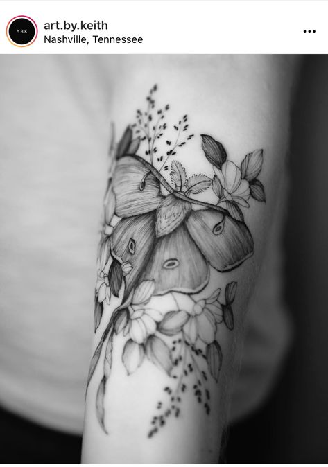 Luna Moth Flower Tattoo, Lunar Moth With Flowers Tattoo, Luna Moth With Flowers Tattoo, Floral Moth Tattoo Sleeve, Moon Garden Tattoo, Luna Moth And Flowers Tattoo, Botanical Moth Tattoo, Moth Flower Tattoo, Moth And Flowers Tattoo