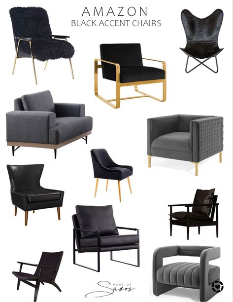 Black Side Chairs Living Room, Black Chair Living Room Decor, Glam Accent Chairs, Accent Chair With Black Leather Couch, Black Accent Chairs For Living Room, Accent Chairs Black, Gray Sofa Black Accent Chair, Black And White Accent Chairs, Black Accent Chair For Living Room