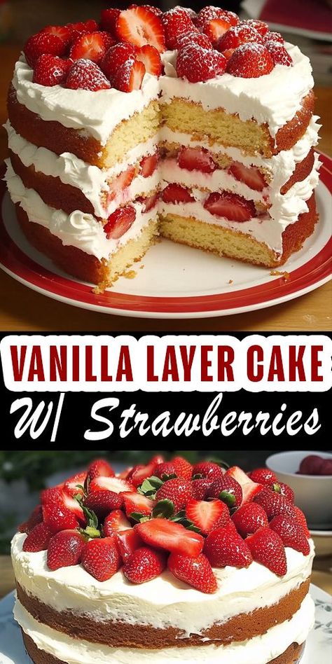 Looking for the perfect dessert to impress? Our Vanilla Layer Cake with Strawberries is a showstopper! This moist, fluffy cake layered with fresh strawberries and whipped cream is the ultimate treat for birthdays, celebrations, or any sweet occasion. ✨ Ready to bake this delicious layer cake? Click the link for the full recipe and elevate your dessert game! ✨ #VanillaLayerCake #StrawberryDessert #BakingJoy #CakeDecorating #SweetTreats #HomemadeDessert #FoodieFavorites #InstaYum #DessertGoals Strawberry And Vanilla Layered Cake, Vanilla Cake With Strawberries, Vanilla Strawberry Cake, Vanilla Cake With Strawberry Filling, Cake With Fresh Strawberries, Strawberry Layer Cake, Vanilla Layer Cake, Trifle Cake, Strawberry Layer Cakes