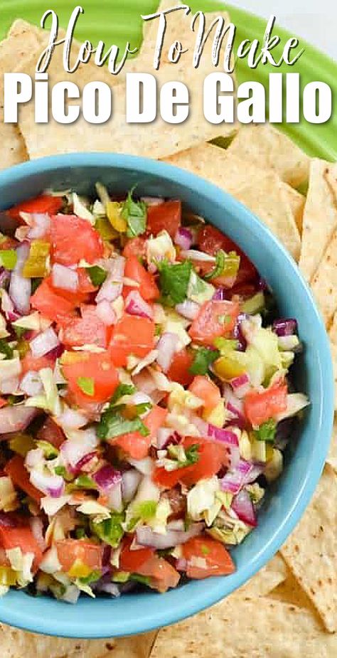 A picture looking down at a bowl of pico de gallo with chips around the edge. White text at the top How to make Pico De Gallo. Cabbage Recipes, Easy Appetizer Recipes, Fabulous Foods, Deviled Eggs, Mexican Dishes, Popular Recipes, Appetizers Easy, Mexican Food, Appetizer Snacks