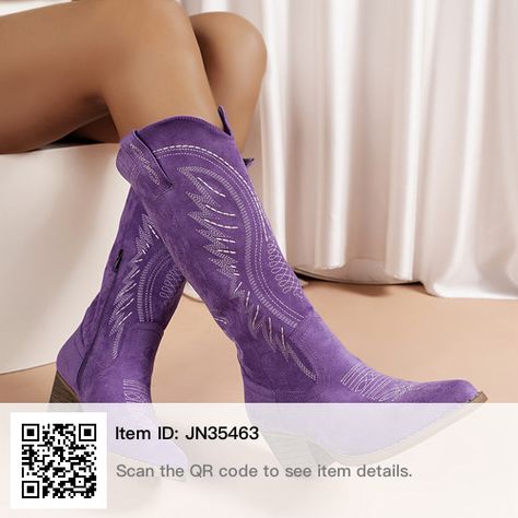 Purple Cowgirl Boots, Purple Cowgirl, Purple Cowboy Boots, Cowboy Boots Fashion, Heel Cowboy Boots, Western Dress With Boots, Ladies Long Boots, Suede Cowboy Boots, Purple Boots