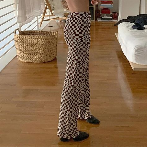 KIKI Knit Checker Plaid High Waisted Straight Pants – a.reverie Checkered Sweatpants, Checkered Pants Outfit, Hip Hop Trousers, Printed Flare Pants, Checkered Pants, Y2k Pants, Plaid Trousers, Streetwear Pants, Aesthetic Streetwear