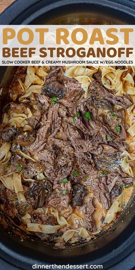 Pot Roast Stroganoff Recipe, Pot Roast Beef Stroganoff, Roast Beef Stroganoff, Beef And Noodles Crockpot, Chuck Roast Crock Pot Recipes, Tender Chuck Roast, Roast Beef Crock Pot Recipes, Pot Roast Beef, Beef Roast Crock Pot